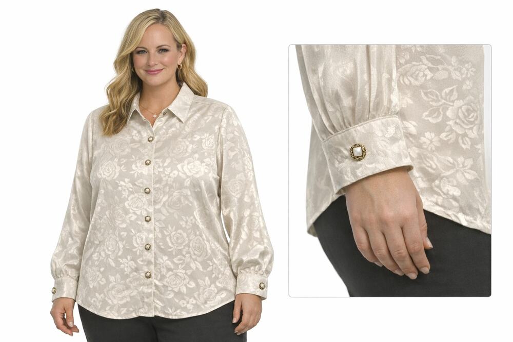 VTG Romantic Floral Blouse Women’s 20W Vintage White/Ivory Jacquard Pearl EUC